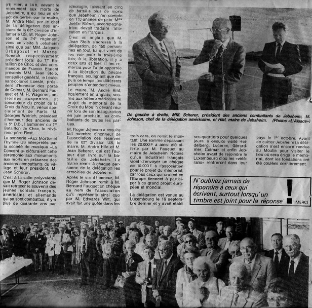Newpaper article covering the tour visit to Jebsheim, France