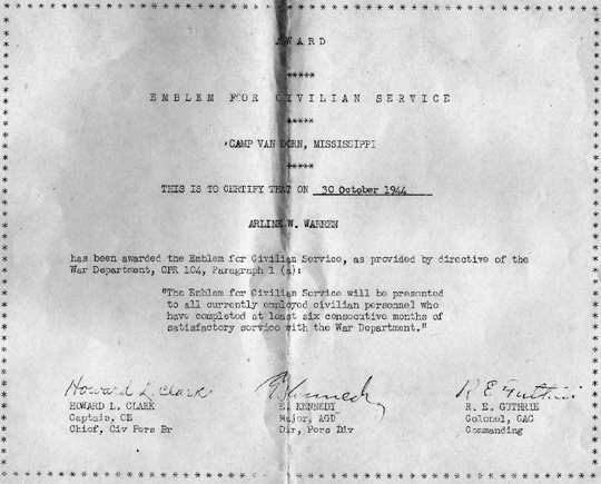 Civilian Employee certificate Cp Van Dorn, MS