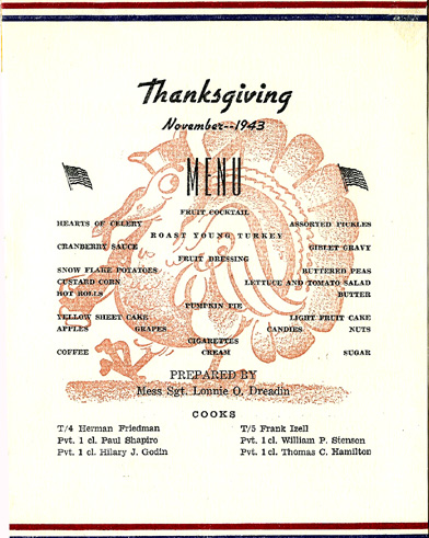 Thanksgiving Menu C/861st FA Bn Cp Van Dorn, MS 1943