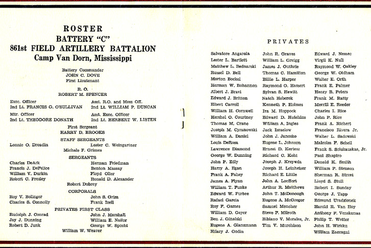 Thanksgiving Menu, C/861st FA Bn, Cp Van Dorn, MS 1943
