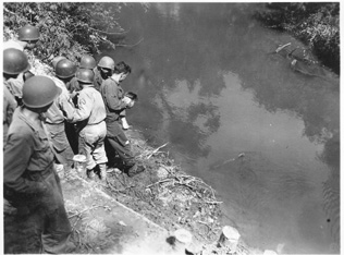 Men of C/263d Engr Bn survey completed bridge