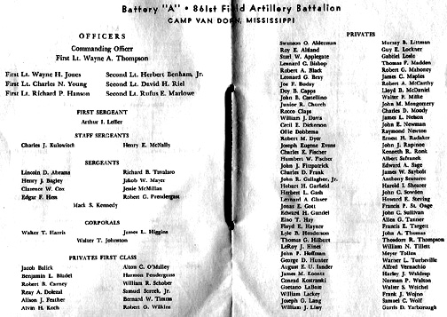 Battery roster Thanksgiving Day 1943 A/861st FA