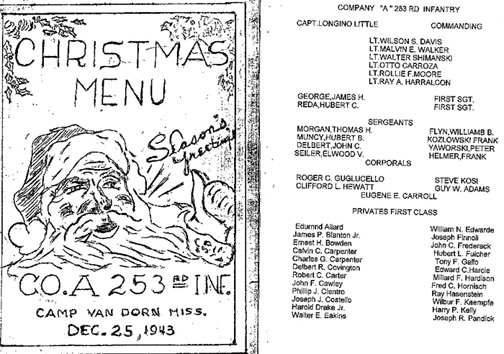 Christmas Menu 1943 A/253d Infantry Cp Van Dorn, MS