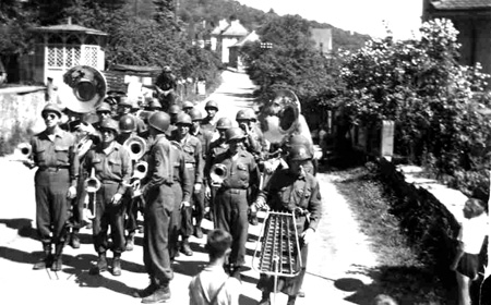 63d Band preparing for Regimental Parade, Kunzelsau, Germany 5 Jun 45