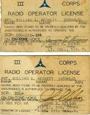 Radio License- Beckett Hq Co 254th Inf