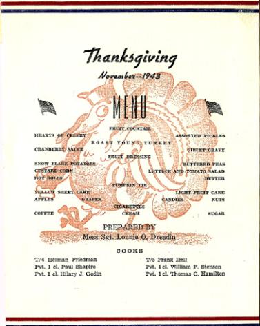 Thanksgiving Menu C/861st FA Bn Cp Van Dorn, MS 1943