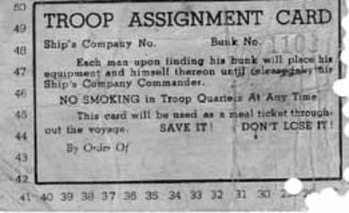Troop Ship Meal Card- Saturnia Nov-Dec 44